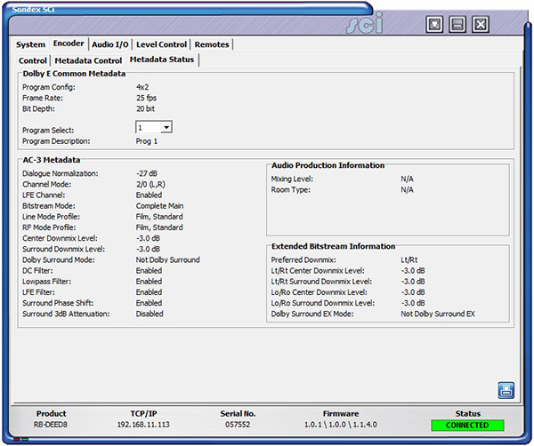 Sci image - RB-DEED8 Encoder/Metadata Status Screen
