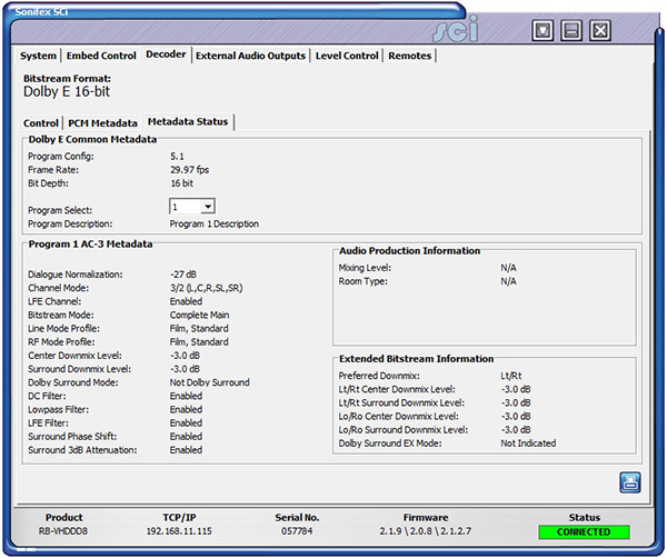 Sci image - RB-VHDDD8 Decoder Metadata Status Screen