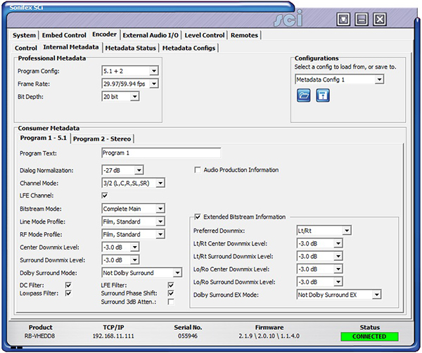 Sci image - RB-VHEDD8 Encoder Internal Metadata Screen
