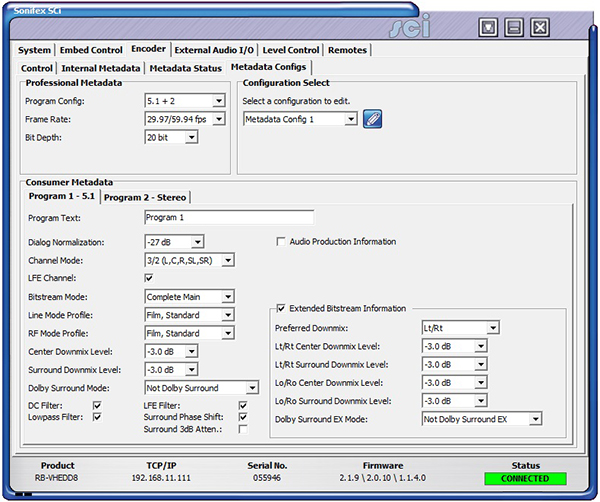 Sci image - RB-VHEDD8 Encoder Internal Metadata Configuration Screen